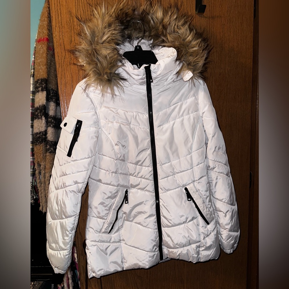 White Hooded Quilted Puffer Coat with Faux-Fur Trim